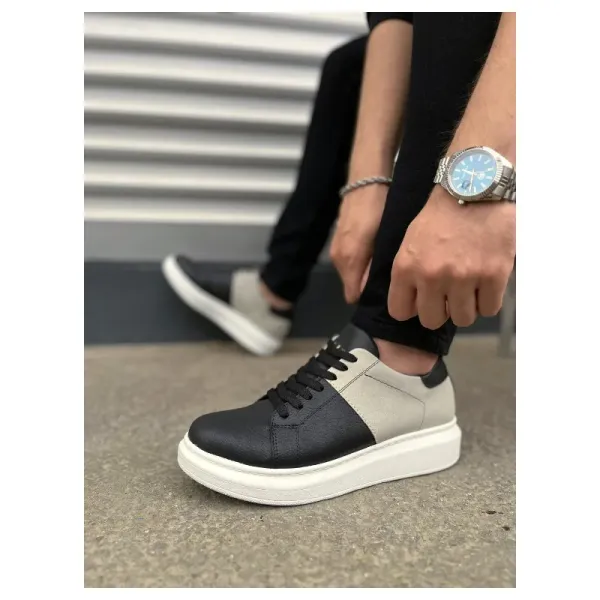 Pabucmarketi Siyah (Beyaz Taban) Gri Süet Detaylı Bağcıklı Erkek Sneaker