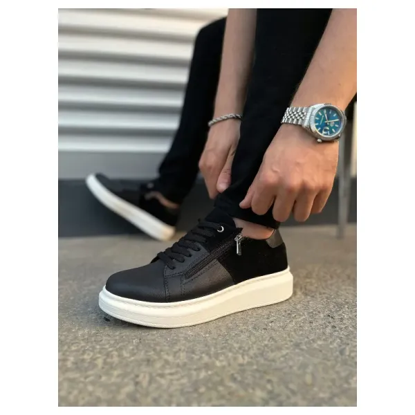 Pabucmarketi Siyah (Beyaz Taban) Siyah Süet Detaylı Bağcıklı Fermuarlı Erkek Sneaker