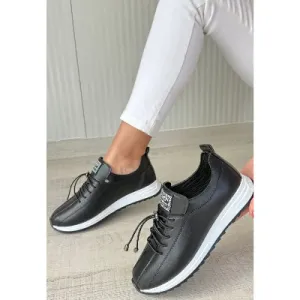 Pabucmarketi Siyah Suni Deri Bağcıklı Kadın Sneaker Ayakkabı