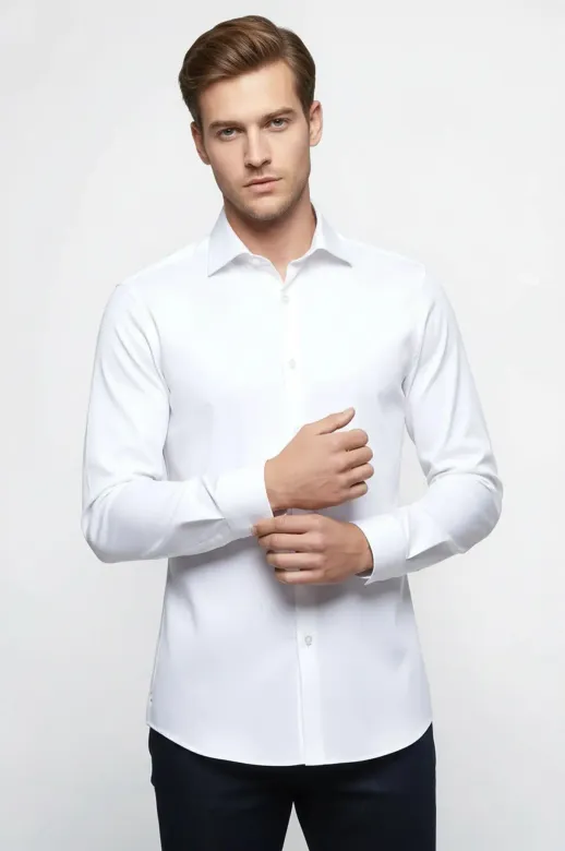 Pamuk Saten Slim Fit Beyaz Erkek Gömlek - Wessi - S / Beyaz