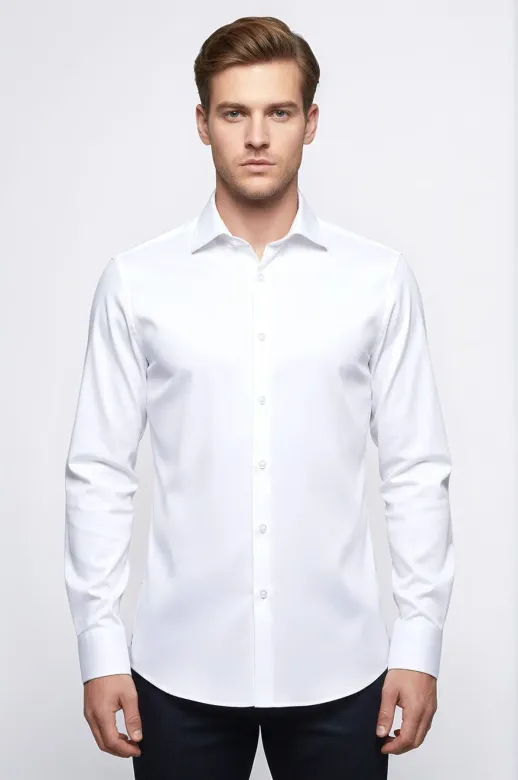 Pamuk Saten Slim Fit Beyaz Erkek Gömlek - Wessi - S / Beyaz