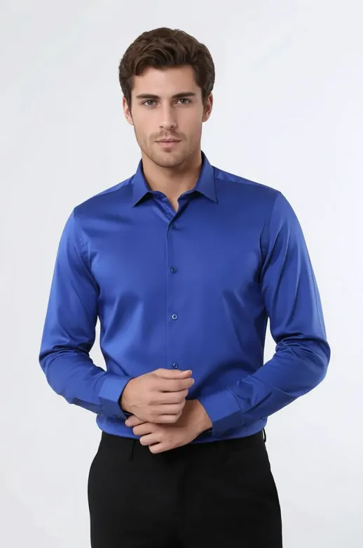 Pamuk Saten Slim Fit Desensiz Mavi Erkek Gömlek - Wessi - L / Lacivert