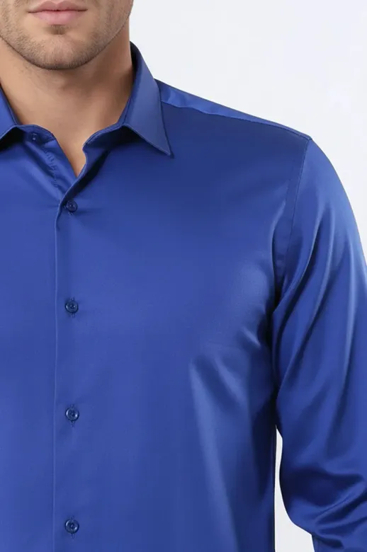 Pamuk Saten Slim Fit Desensiz Mavi Erkek Gömlek - Wessi - M / Lacivert