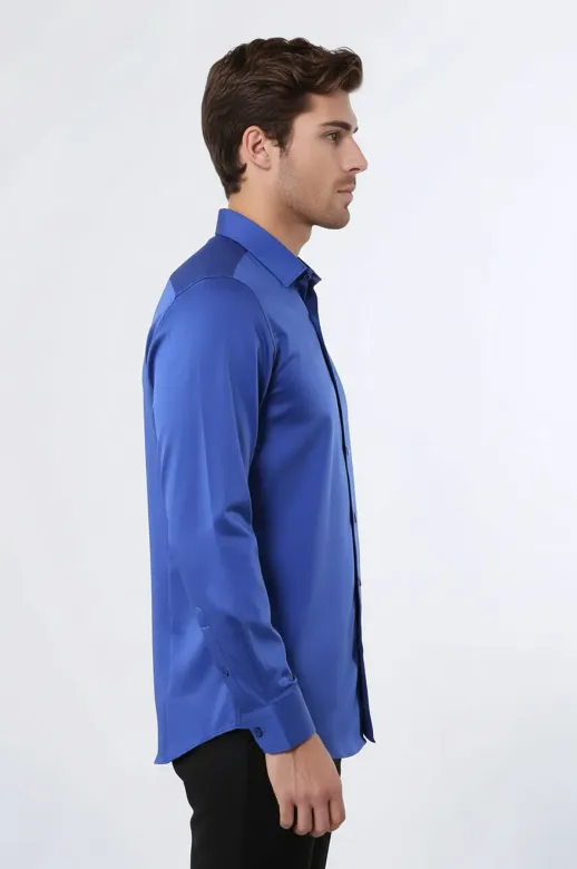 Pamuk Saten Slim Fit Desensiz Mavi Erkek Gömlek - Wessi - M / Lacivert