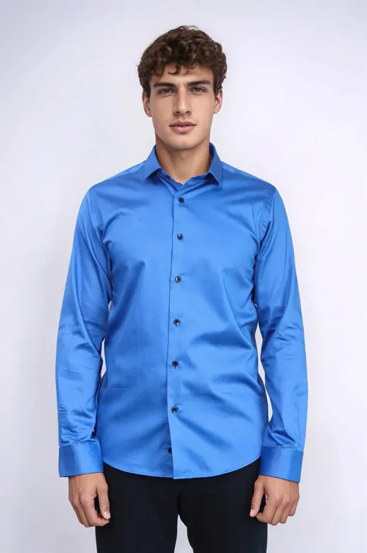 Pamuk Saten Slim Fit Mavi Erkek Gömlek - Wessi - M / Saks Mavi