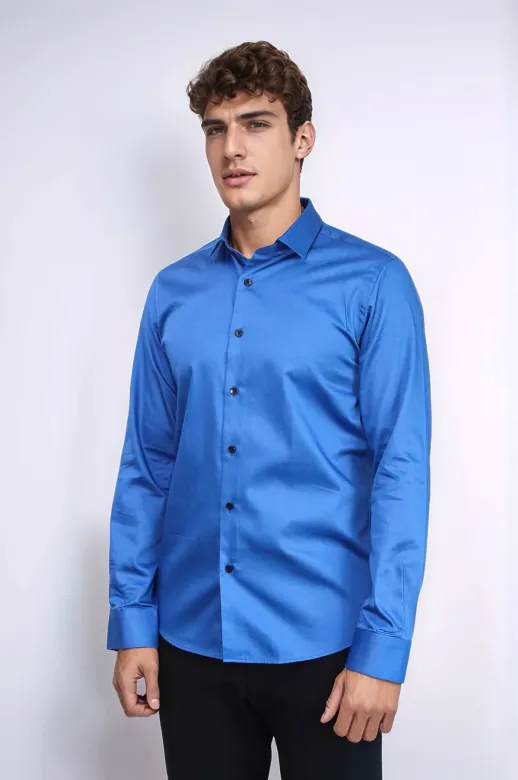 Pamuk Saten Slim Fit Mavi Erkek Gömlek - Wessi - M / Saks Mavi