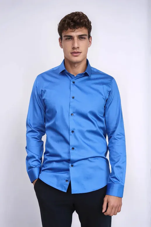 Pamuk Saten Slim Fit Mavi Erkek Gömlek - Wessi - S / Saks Mavi
