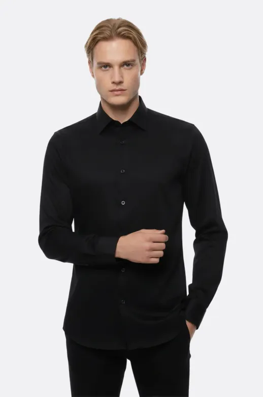 Pamuk Saten Slim Fit Siyah Erkek Gömlek - Wessi - L / Siyah