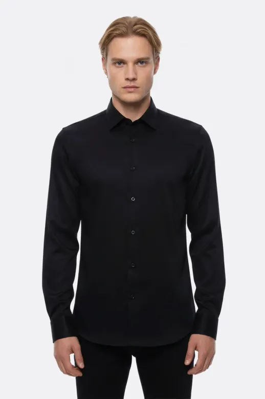 Pamuk Saten Slim Fit Siyah Erkek Gömlek - Wessi - S / Siyah