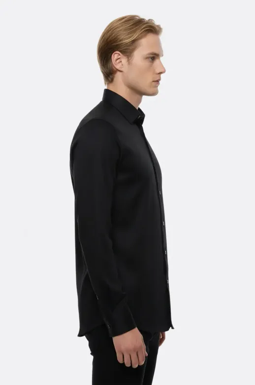Pamuk Saten Slim Fit Siyah Erkek Gömlek - Wessi - S / Siyah