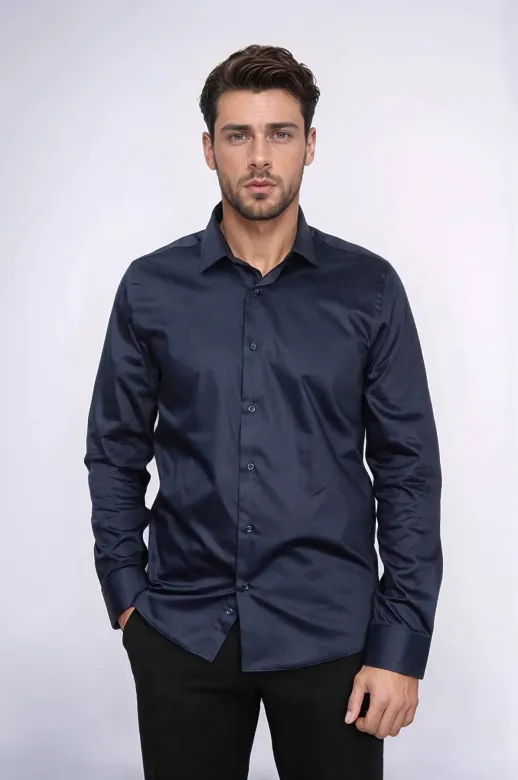 Pamuk Saten Slim Fit Uzun Kollu Düz Lacivert Erkek Gömlek - Wessi - L / Lacivert