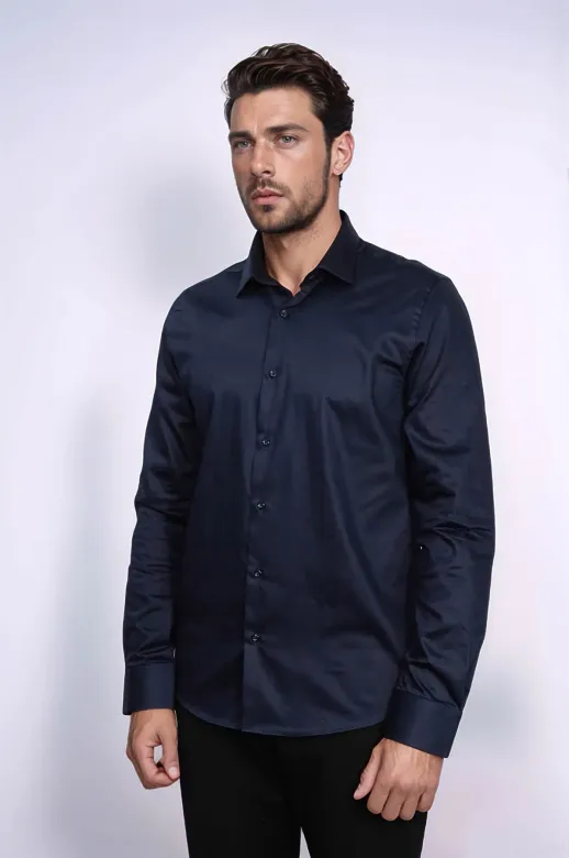 Pamuk Saten Slim Fit Uzun Kollu Düz Lacivert Erkek Gömlek - Wessi - XL / Lacivert