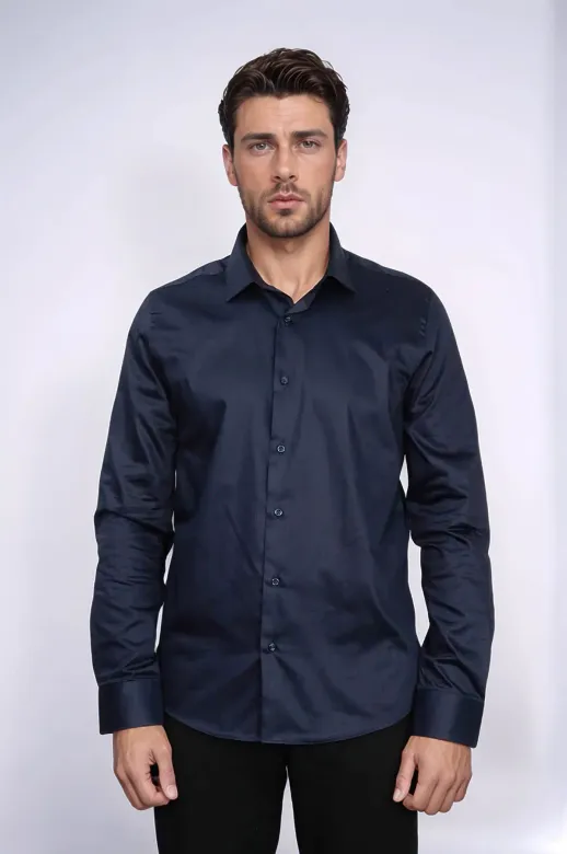 Pamuk Saten Slim Fit Uzun Kollu Düz Lacivert Erkek Gömlek - Wessi - M / Lacivert