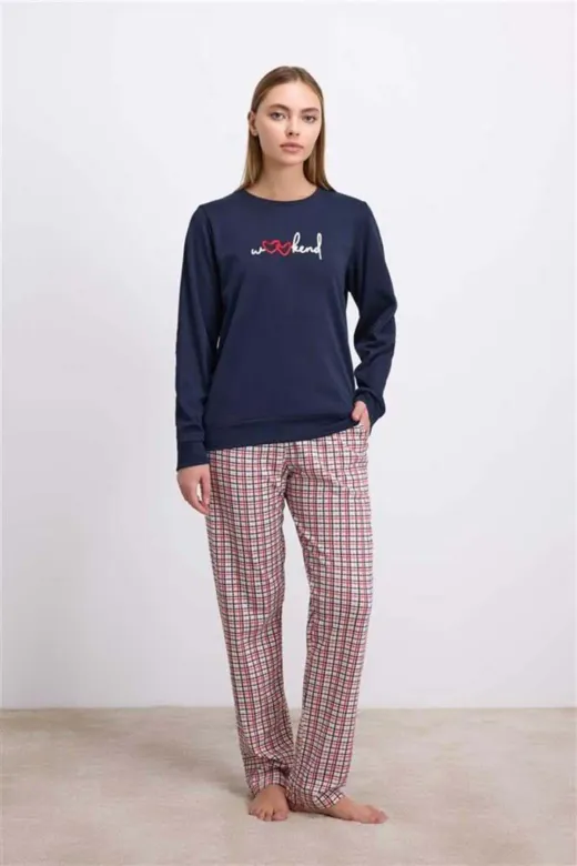 Pamuklu Uzun Kol Sweatshirt ve Ekose Pantolon Pijama Takımı