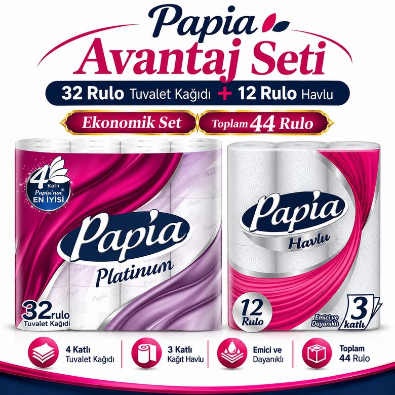 Papia Tuvalet Kağıdı (3 Katlı) 32 Li Pk Platinum + 12 Li Paket Kağıt Havlu Klasik (3 Katlı)