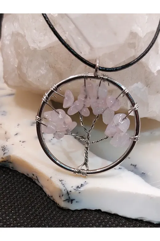 PATİKA SHOP KLYHYT0001 Pembe Kuvars Hayat Ağacı Kolye Ucu Ve Siyah Kolye Ipi