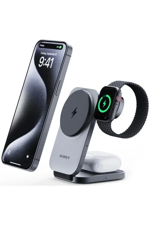 Pazarcan NİLAVM2066861262580 Aukey Lcmc312Gy Magfusıon Z Qı2 15W Katlanabilir 3 Ü 1 Arada Mıknatıslı Kablosuz Şarj Cihazı