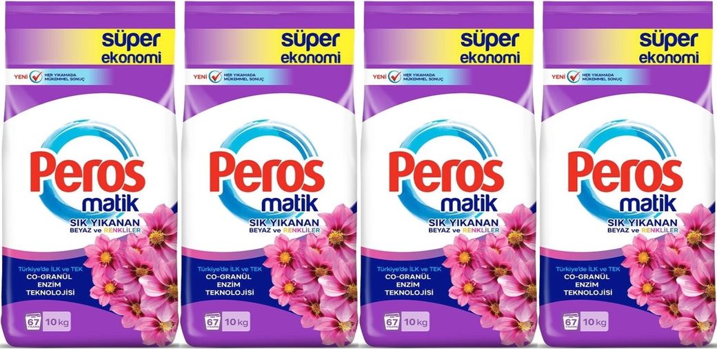 Peros Matik Toz Çamaşır Deterjanı 40KG Yıldız Çiçeği (Beyaz ve Renkliler) (268 Yıkama) (4PK*10KG)
