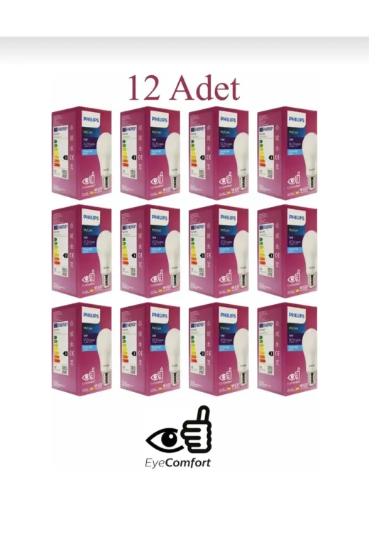 Philips Philips 13w Beyaz 12 li 12'li Paket 13W 6500 Kelvin Beyaz Işık E27 Duylu 1521 Lümen E Enerji Tüketimi Mycare Led Ampul