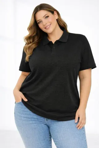 Pike Kumaş Düğmeli Yaka Battal Büyük Beden Günlük Kısa Kol Tişört T-shirt - Siyah - 2XL - Siyah