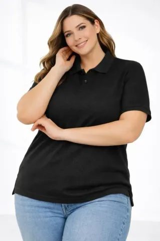 Pike Kumaş Düğmeli Yaka Battal Büyük Beden Günlük Kısa Kol Tişört T-shirt - Siyah - XL - Siyah