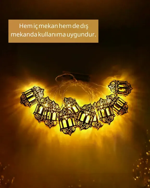 Pilli Ramazan Işıkları Altın Renk Fener Figürlü LED Süsleme