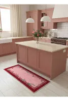 Pip Tarzı Çiçek Desenli Pembe Renk Lateks Deri Taban Mutfak Halısı