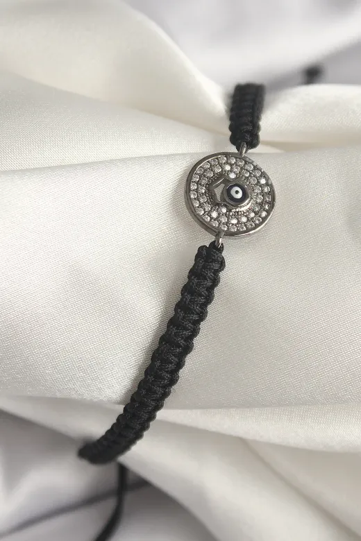 Pirinç Füme Renk Zirkon Taşlı Nazar Boncuk İşleme Makrome Asansörlü Model Kadın Bileklik TJ-BB6788