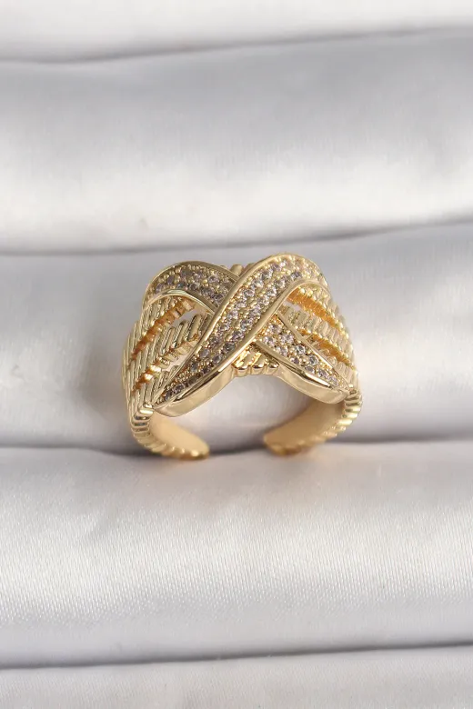 Pirinç Gold Renk Ayarlanabilir Zirkon Taşlı X Model Kadın Yüzük - TJ-BYK3601