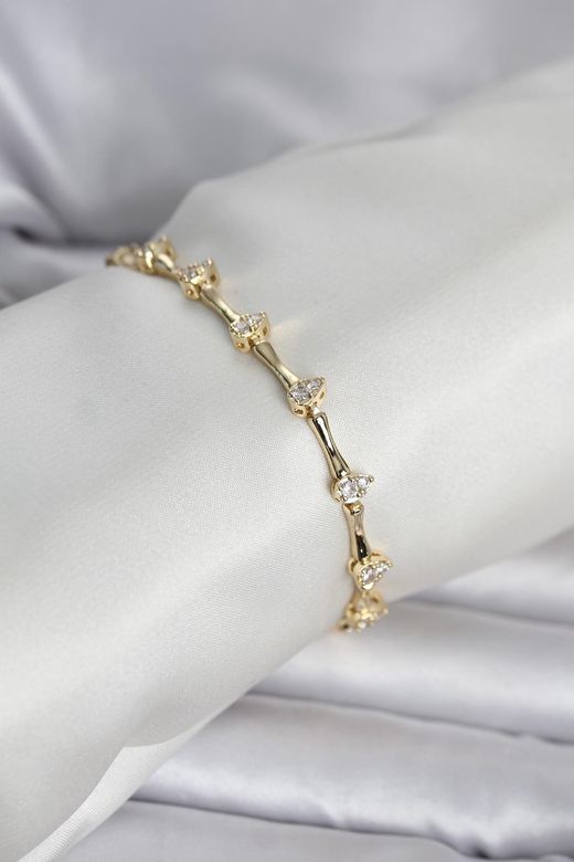 Pirinç Gold Renk Damla Model Zirkon Taşlı Kadın Bileklik