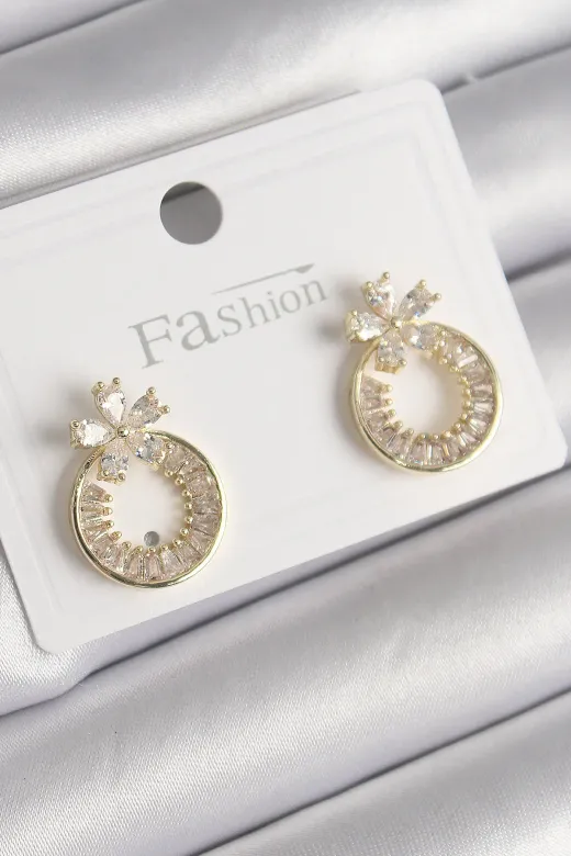 Pirinç Gold Renk Zirkon Taşlı Halka Model Çiçek Figür Kadın Küpe TJ-BKP9762