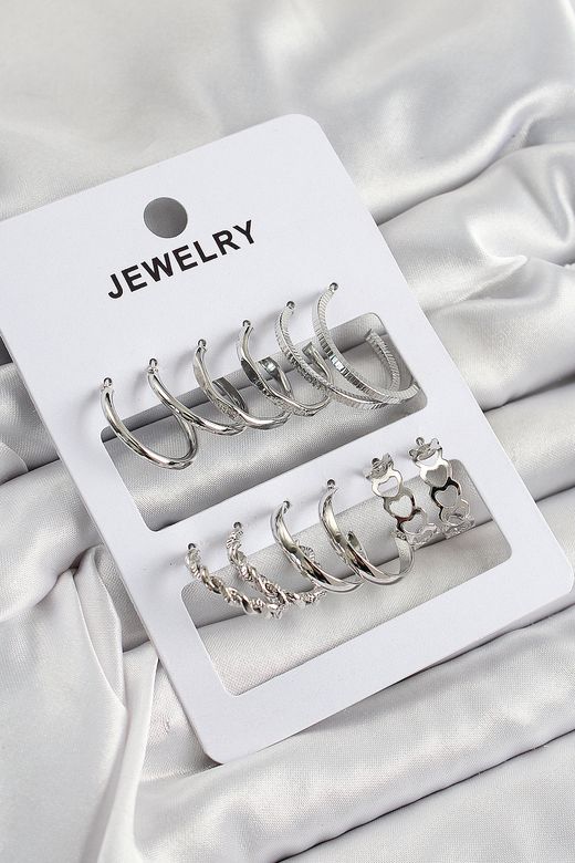 Pirinç Karışık Halka Model Gümüş Renk 6 Çift Kadın Küpe Set