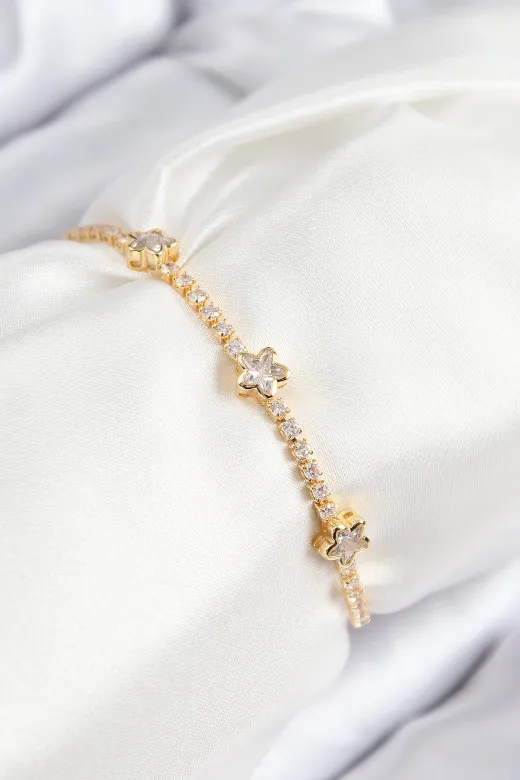 Pirinç Zirkon Taşlı Yıldız Model Gold Renk Asansörlü Kadın Bileklik TJ-BB7737