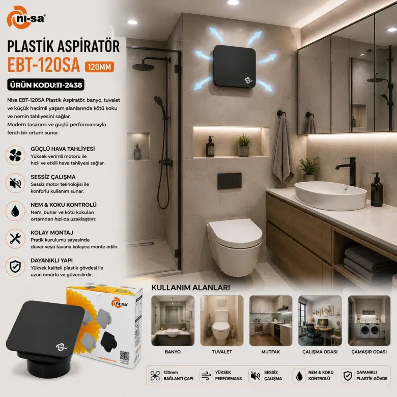 PLASTİK ASPİRATÖR 120 ANTRASİT BANYO TUVALET HAVALANDIRMA ASPİRATÖRÜ 16W 1900RPM 180M3/H EBT-120SA (4745)