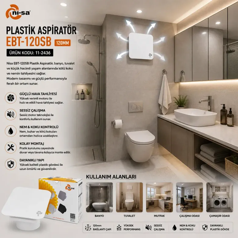 PLASTİK ASPİRATÖR 120 BEYAZ BANYO TUVALET HAVALANDIRMA ASPİRATÖRÜ 16W 1900RPM 80M3/H EBT-120SB (4745)