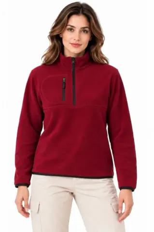 Polar Dik Yaka Yarım Fermuarlı Fermuarlı Göğüs Cepli Regular Fit Kışlık Sweatshirt - Bordo - S - Bordo
