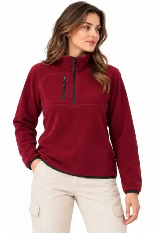Polar Dik Yaka Yarım Fermuarlı Fermuarlı Göğüs Cepli Regular Fit Kışlık Sweatshirt - Bordo - S - Bordo