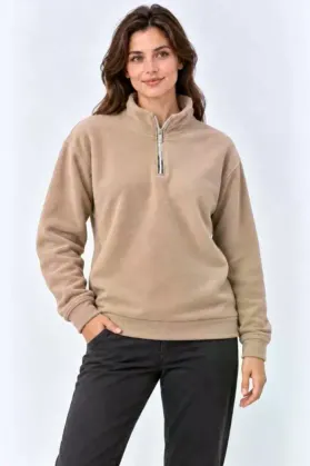 Polar Dik Yaka Yarım Fermuarlı Uzun Kollu Regular Fit Kışlık Sweatshirt - Bej - S - Bej