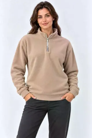Polar Dik Yaka Yarım Fermuarlı Uzun Kollu Regular Fit Kışlık Sweatshirt - Bej - S - Bej