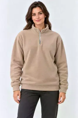Polar Dik Yaka Yarım Fermuarlı Uzun Kollu Regular Fit Kışlık Sweatshirt - Bej - S - Bej
