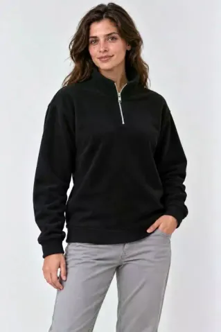 Polar Dik Yaka Yarım Fermuarlı Uzun Kollu Regular Fit Kışlık Sweatshirt - Siyah - XL - Siyah