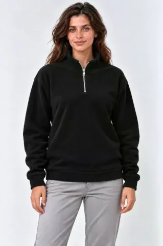 Polar Dik Yaka Yarım Fermuarlı Uzun Kollu Regular Fit Kışlık Sweatshirt - Siyah - XL - Siyah