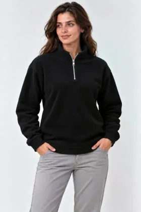 Polar Dik Yaka Yarım Fermuarlı Uzun Kollu Regular Fit Kışlık Sweatshirt - Siyah - S - Siyah