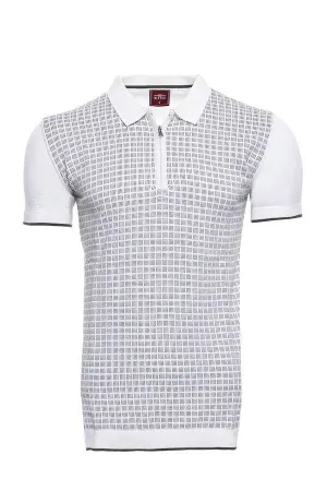 Polo Yaka Açık Gri Desenli Fermuarlı Örme T-shirt - Wessi