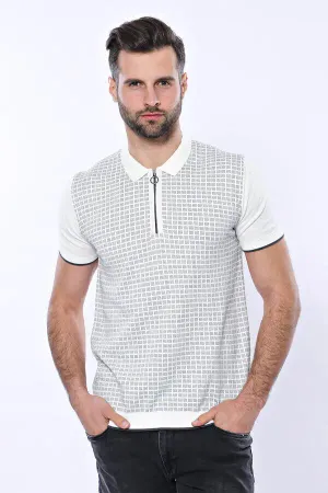 Polo Yaka Açık Gri Desenli Fermuarlı Örme T-shirt - Wessi
