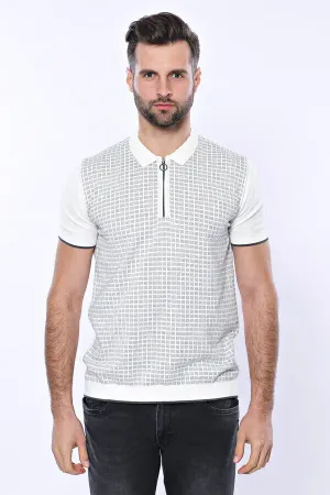 Polo Yaka Açık Gri Desenli Fermuarlı Örme T-shirt - Wessi