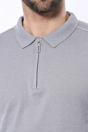 Polo Yaka Düz Gri Örme T-shirt | Wessi