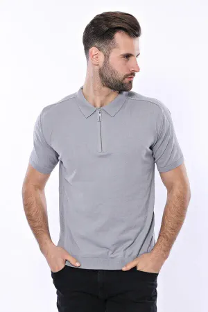 Polo Yaka Düz Gri Örme T-shirt | Wessi