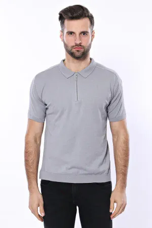Polo Yaka Düz Gri Örme T-shirt | Wessi