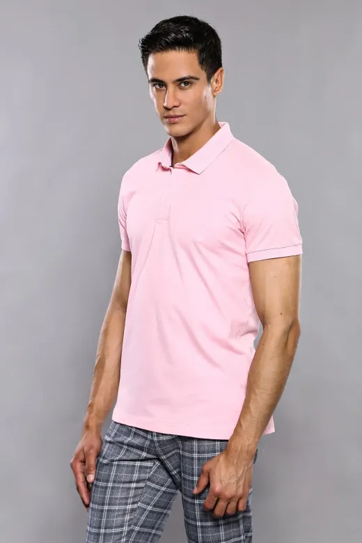 Polo Yaka Düz Pembe T-shirt - Wessi